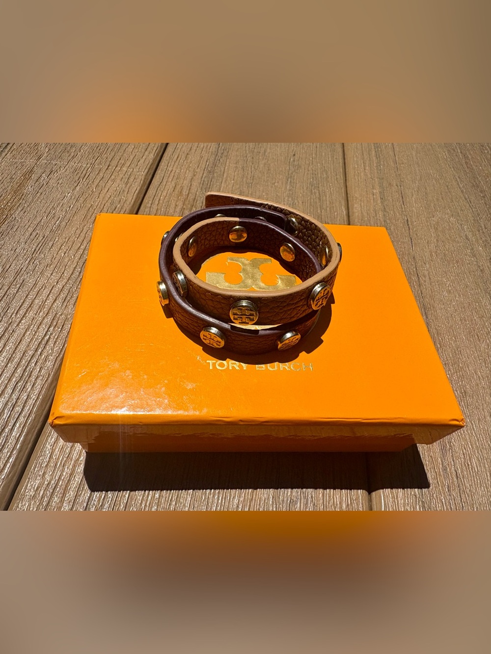 EUC Tory Burch Dual Color Tan & Mahogany Double Wrap Bracelet With Original Box